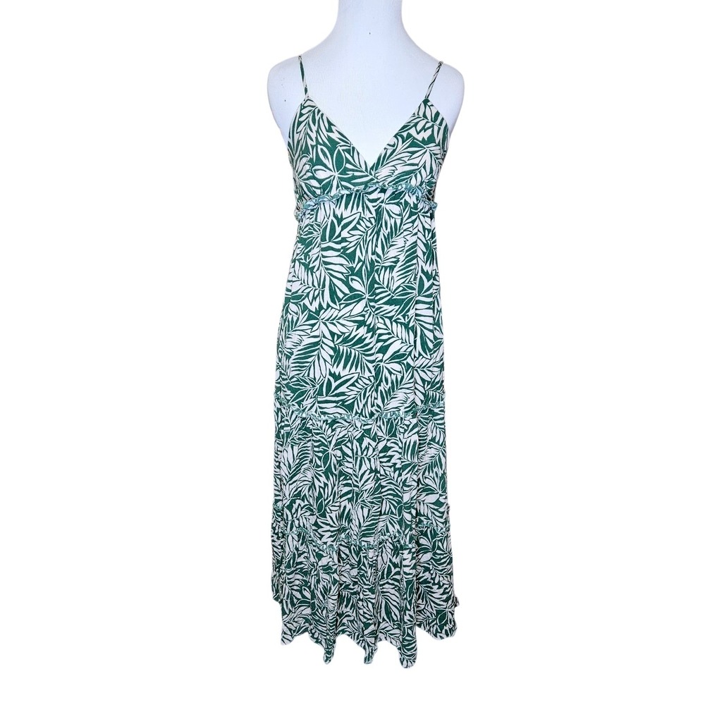 Inspired Heart Green Tropical Palm Leaf Tiered Maxi Dress Womens Medium